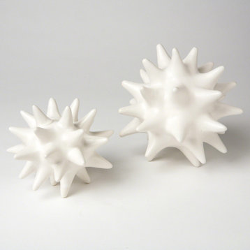 Luxe Matte White Spiked Ceramic Ball 7" Sea Urchin Decorative Sculpture
