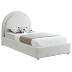 Meridian Furniture - Milo Velvet Upholstered Bed, Cream, Twin - Get ready for compliments when you add this Milo boucle fabric bed to your space. It's upholstered head to foot in rich cream boucle fabric, so it's soft to the touch and regal to the eye. The star of the show is the bed's rounded headboard, which stretches out tall above you for a look that oozes regality and sophisticated charm. Acrylic legs give the bed a somewhat modern finish.
