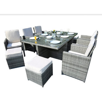 129"x76"x46" Gray 11-Piece Outdoor Dining Set With Cushions
