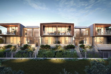 Design ideas for a modern three-storey townhouse exterior in Sydney.