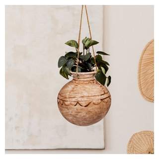 Fiber Clay Planters - 2-piece Barrel-shaped Pot Set With Metal