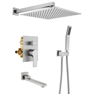 Wellfor Shower Set, Rain Shower Head, Handheld Shower and Tub Spout, Brushed Nickel, 12 Inch