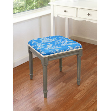 Canton Garden-Taupe, Linen Upholstered Vanity Stool, French Blue