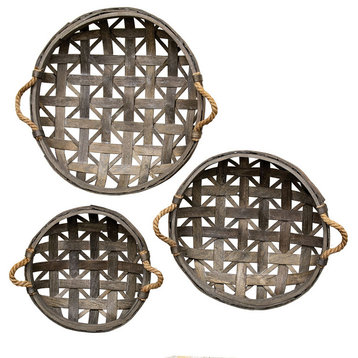 Natural Round Tobacco Baskets With Jute Handles, Set of 3