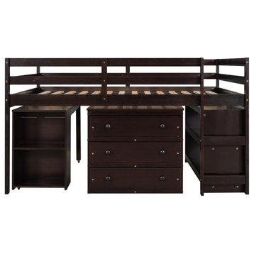Gewnee Wood Low Full Loft Bed with Cabinet,Shelves and Desk in Espresso