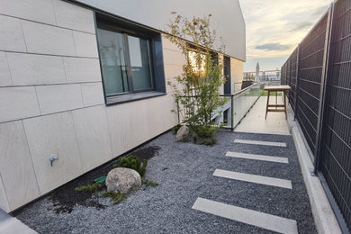 Modelo de camino de jardín de estilo zen pequeño en invierno en patio lateral con exposición parcial al sol y gravilla