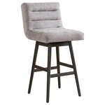 Armen Living - Elias Gray Solid Wood 30" Swivel Barstool, Gray Fabric, Set of 4 - The Elias Barstool offers the perfect blend of style, comfort, and practicality, making it an ideal choice for your kitchen island, counter, or home bar. Designed with a sleek low-back silhouette and channel-tufted upholstery, this modern bar stool exudes sophistication while providing the support and comfort you need for everyday use. Upholstered in durable polyester fabric, the seat and backrest feature fiber-wrapped foam cushioning for a plush feel that lasts.