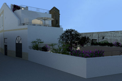 Idee per la facciata di una casa grande mediterranea a due piani in pietra e intonaco