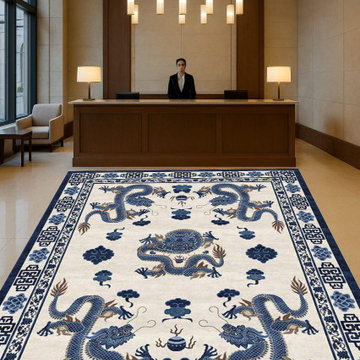 Tibetan Wool Rug Hand-Knotted Blue & White Chinese Dragon Design 9x12, 10x14, 12