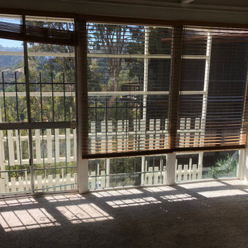 Before - Bedroom with Barred Sliders and Worn Carpet