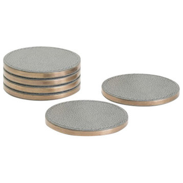 Luxe Blue Gray Leather Coasters, Set of 6, Round Stackable Bronze Rim