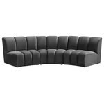 Meridian Furniture - Infinity Channel Tufted Velvet Modular Chair, Gray, 3 Piece - Create a seating group that works for every possible situation with this Infinity modular sofa and other pieces in the Infinity collection. Upholstered in soft grey velvet material that feels great against the skin and offers long-wearing beauty, this piece fits with other Infinity items for an infinite number of combinations that get your seating requirements just right but that look just as nice when used on their own.