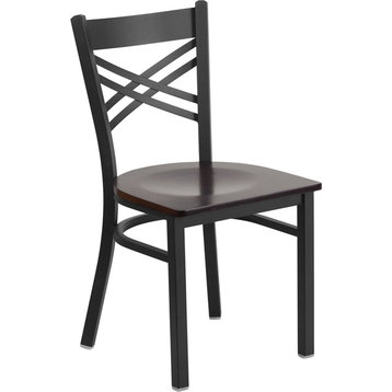 Hercules Series Black ''X'' Back Metal Chair, Walnut Wood Seat