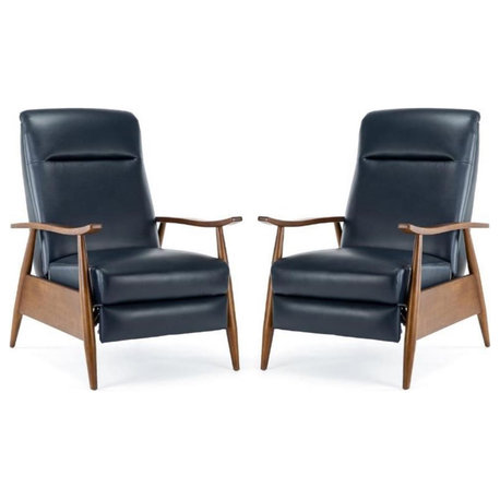 Home Square 2 Piece Faux Leather Wooden Arm Recliner Chair Set in Midnight Blue