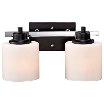 2-Light Black and Chrome Finish Vanity Lights With Etched White Glass Shades