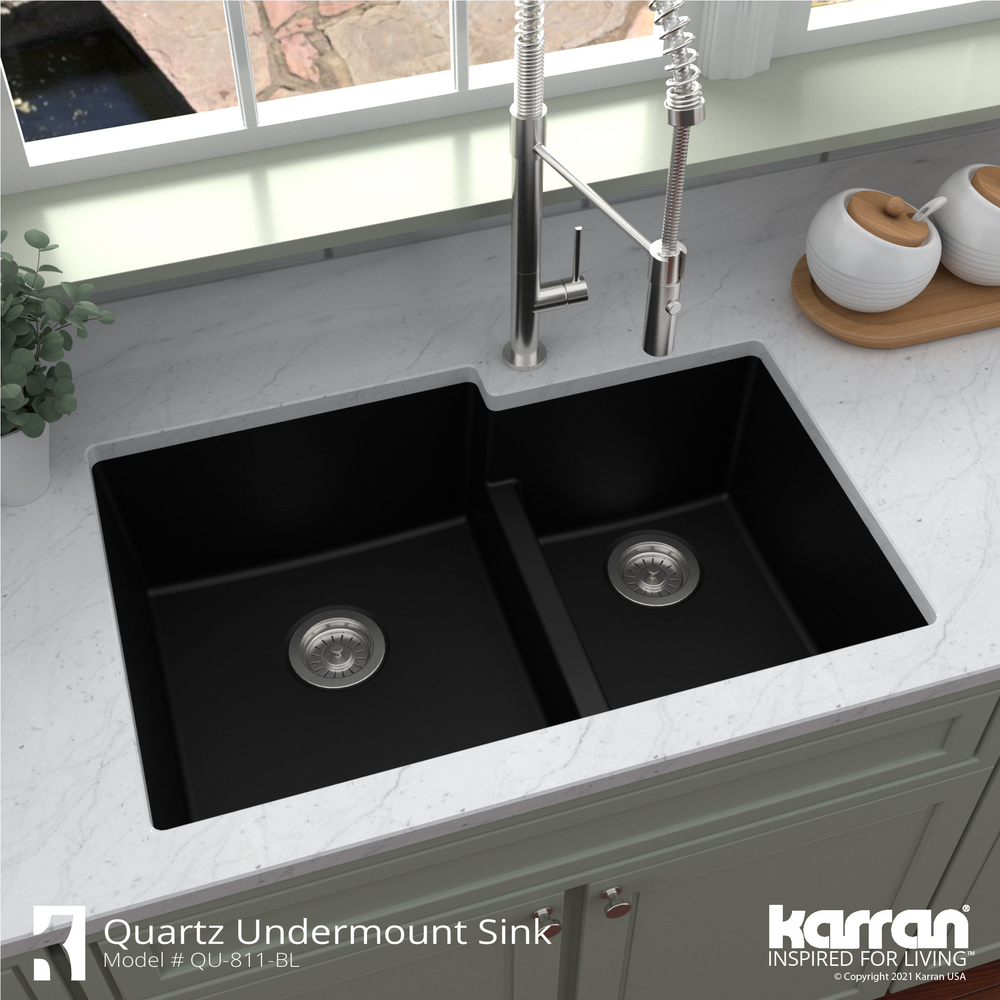 Karran 32" Undermount Large/Small Bowl Quartz Kitchen Sink, Black