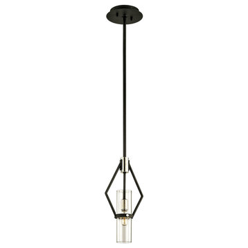 Raef 15" Pendant, Textured Black and Polished Nickel Finish, Clear Glass