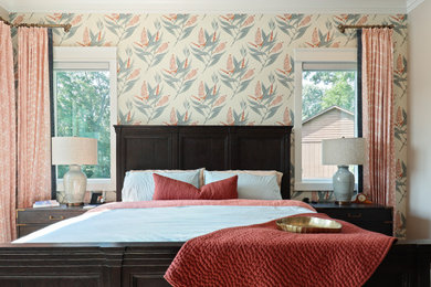 Inspiration for a mid-sized transitional master wallpaper bedroom remodel in Raleigh with multicolored walls