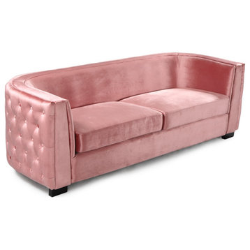 Contemporary Sofa, Curved Design With Button Tufted Velvet Upholstery, Blush