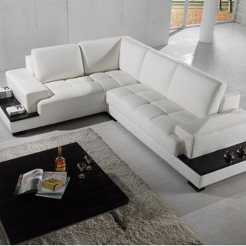 White Leather Sectional Sofa with End Tables
