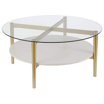 Elegant Coffee Table, Crossed Golden Legs With Glass Top & White Lacquer Shelf