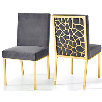 The Weaver Dining Chair, Gray, Velvet, Gold Base Set of 2