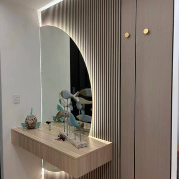 Foyer Entryway – Vertical Fluted Timber Wall & Arched Mirror Floating Vanity Con