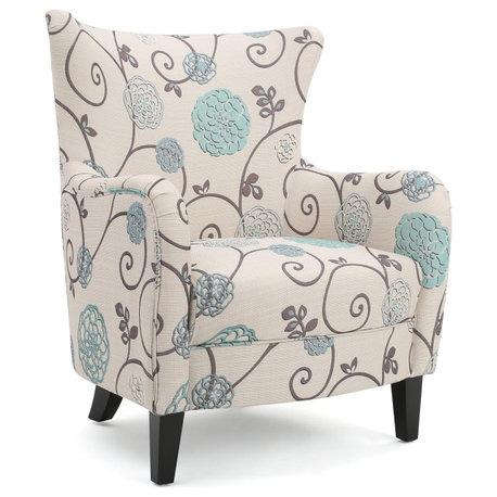 Contemporary White and Blue Floral Club Chair with Polyester Seat