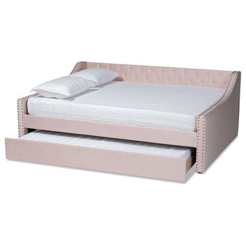 Bowery Hill Contemporary Velvet Upholstered Full Size Daybed w/ Trundle in Pink