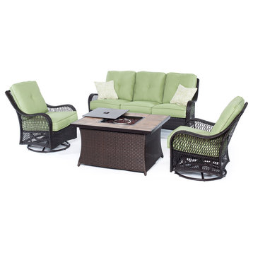Orleans 4-Piece Woven Lounge Fire Pit Set, Porcelain Table Top, Brown and Avocad