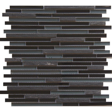12"x12" Glass and Stone Mosaic Tile, Midnight, Strips, Set of 5