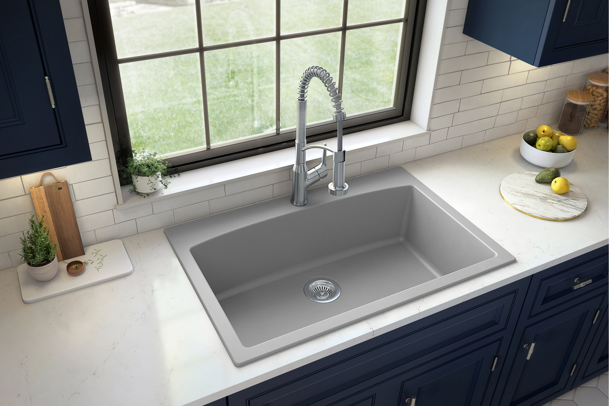 Karran Drop-In Quartz Composite 33" 1-Hole Single Bowl Kitchen Sink Kit, Grey