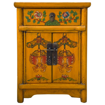 Chinese Distressed Mango Yellow Fishes Graphic End Table Nightstand Hcs7186