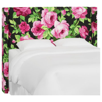 Red from Scalamandre King Hudson Headboard, Cabbage Rose Pink/Black