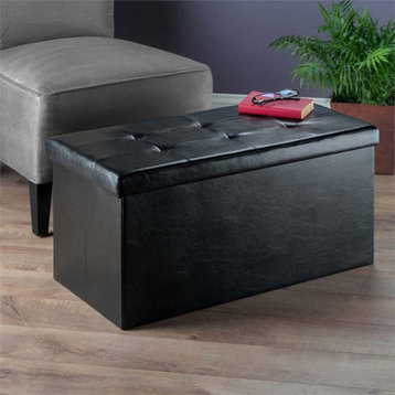Winsome Ashford Storage Transitional Faux Leather Ottoman Bench in Black