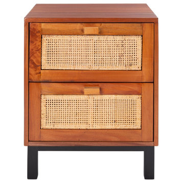 Contemporary Nightstand, Mahogany Wood Frame & Rattan Front Drawers, Natural