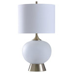 StyleCraft - Gemma Moon Glow Table Lamp and Soft Glow Night Light White Fabric Shade - Doubling down on beautiful lighting, this exquisite lamp provides an elegant glow from two sources. The traditional white linen shade filters the primary glow, while a nightlight inside the opaque glass body delivers a secondary wash of task lighting. The delicate globe sits between a base and neck that both have chrome metal finishes, creating a contemporary vibe throughout the fixture.