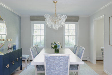Inspiration for a mid-sized transitional light wood floor and wallpaper dining room remodel in New York with gray walls