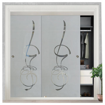 Frameless Sliding Closet Bypass Glass Door With Desing, 60"x80", Semi-Private