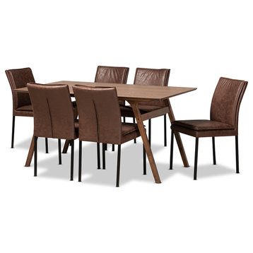 Brown Fabric Black Metal With Walnut Brown Finished Wood 7-Piece Dining Set