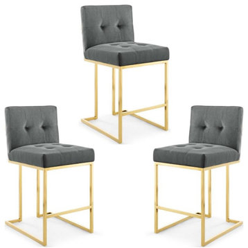 Home Square 3 Piece Metal Base Velvet Counter Stool Set in Gold and Charcoal