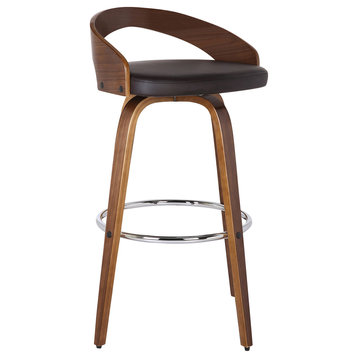 Sonia Swivel Faux Leather and Wood Stool, Brown and Walnut, Bar Height 30"