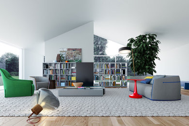 Example of a large trendy enclosed medium tone wood floor family room design in Other with white walls, no fireplace and a media wall