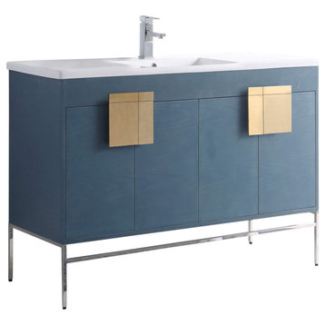 Modern Blue Bathroom Vanity Set, Satin Brass Hardware, Vireous China Sink Top