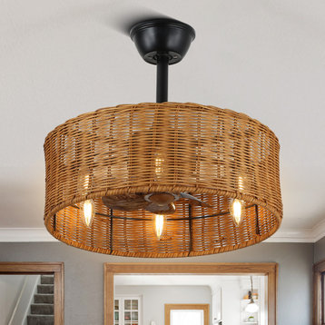 Rustic Hand-Woven Drum Ceiling Fan, Dimmable Light and Remote Control, Brown