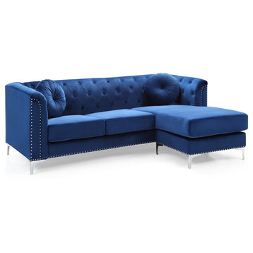Pompano 83 in. Navy Blue Velvet L-Shape 3-Seater Sofa With 2-Throw Pillow