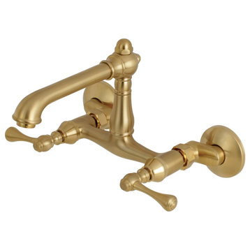 Kingston 6" Adjustable Center Wall Mount Kitchen Faucet, Brushed Brass