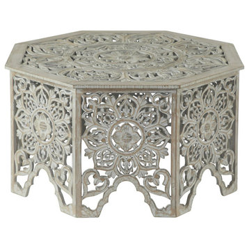 Unique Coffee Table, Whimsical Accents and Intricately Floral Carving, Octagonal