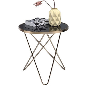 Bowery Hill Round Metal and Glass End Table in Black/Champagne