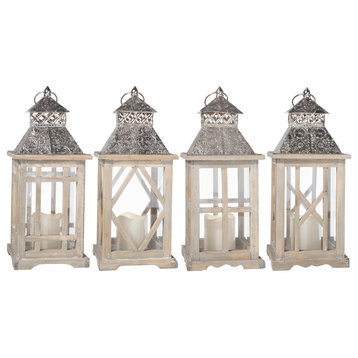 Square Wood Lantern with Silver Metal Top, Natural Brown Finish, AST of 4